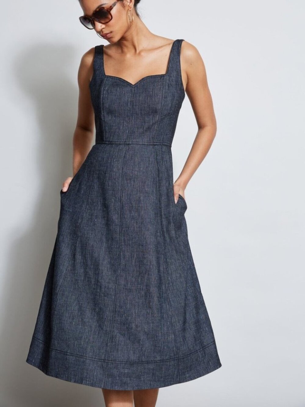 Elie Tahari Denim Indigo A-Line Midi Dress